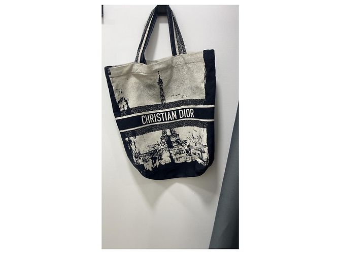 Borsa Tote Christian Dior in Tela Nero Bianco - vista 2