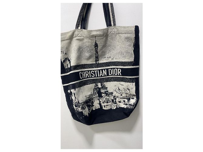 Borsa Tote Christian Dior in Tela Nero Bianco - vista 5