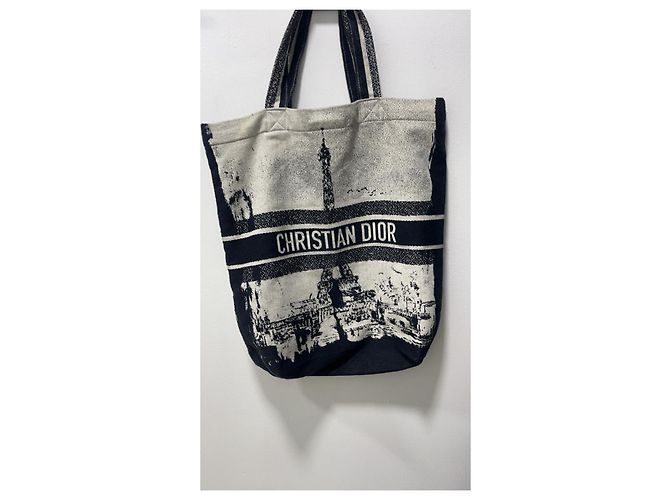 Borsa Tote Christian Dior in Tela Nero Bianco - vista 6