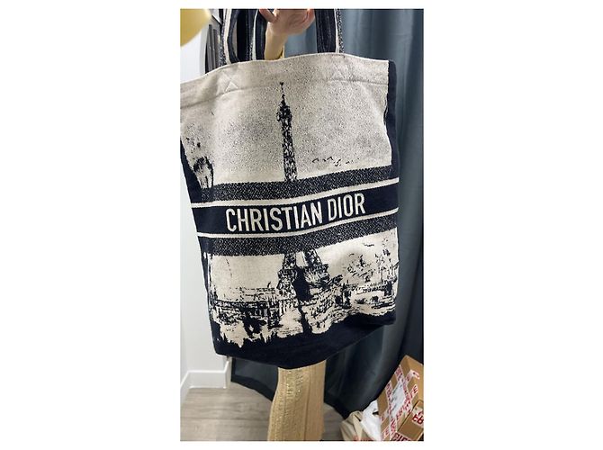 Borsa Tote Christian Dior in Tela Nero Bianco - vista 9