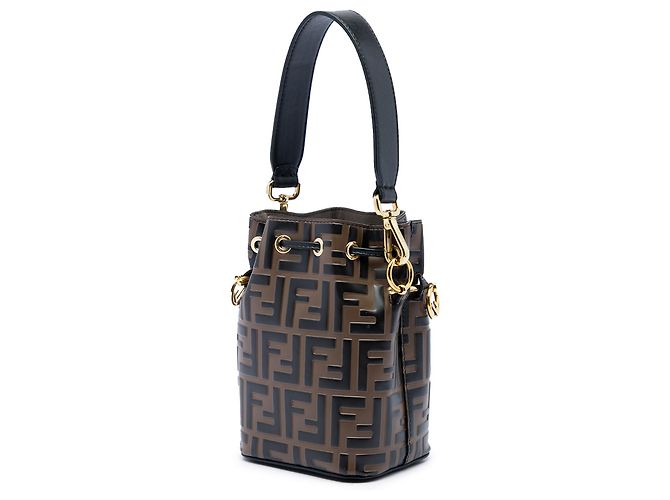 Borsa a secchiello Fendi Mon Tresor in pelle goffrata Mini FF 1974 Marrone - vista 2