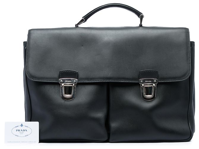 Double Borsa business Prada in vitello City nera con doppia chiusura push lock Nero - vista 10