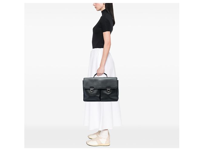 Double Borsa business Prada in vitello City nera con doppia chiusura push lock Nero - vista 9