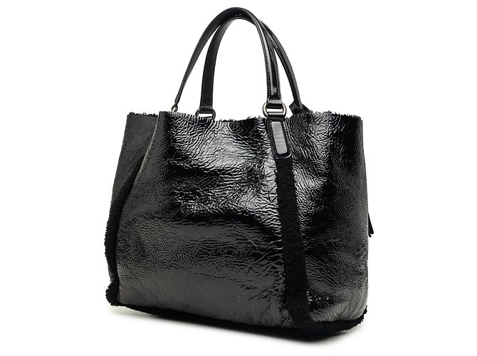 Gucci Soho Cellarius Tote Medium aus schwarzem Lackleder mit Shearling-Besatz - Ansicht 2