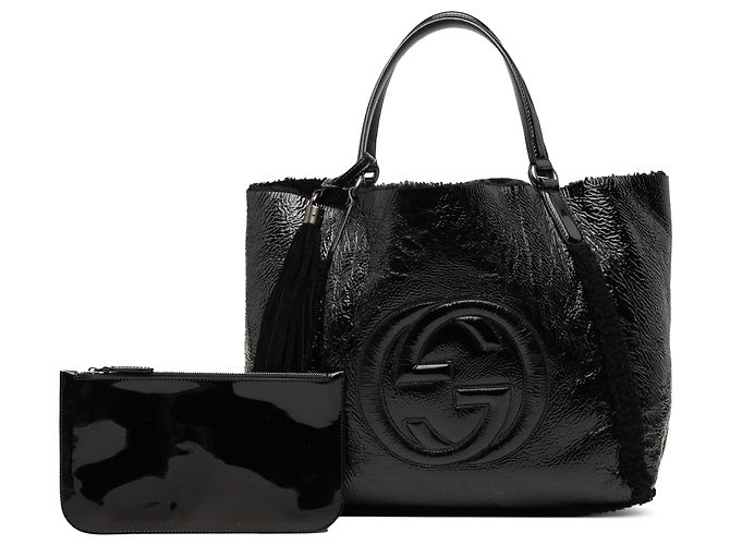 Gucci Soho Cellarius Tote Medium aus schwarzem Lackleder mit Shearling-Besatz - Ansicht 7