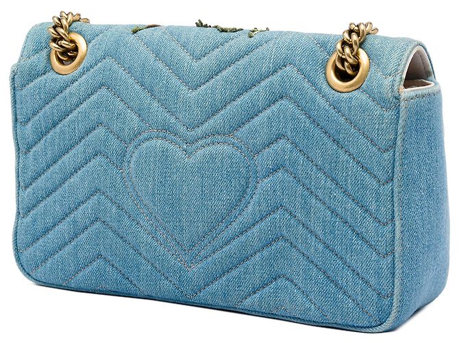 Borsa a tracolla Gucci Blue Medium GG Marmont Matelassé in denim con ricami floreali - vista 2
