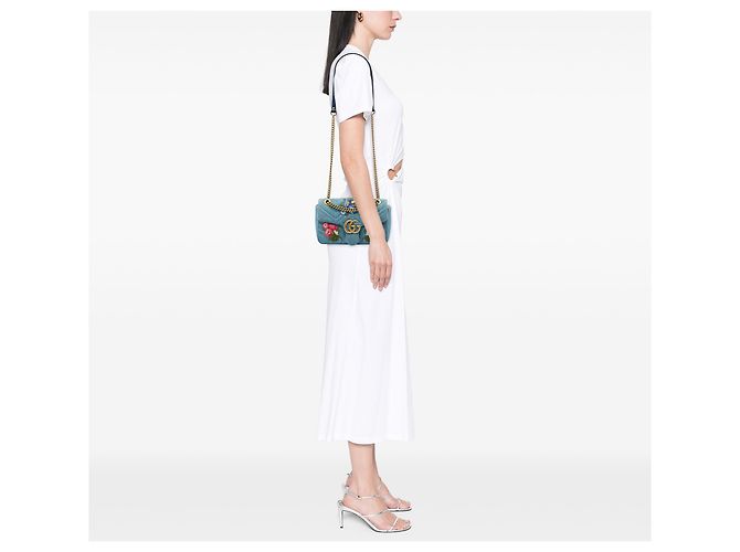 Borsa a tracolla Gucci Blue Medium GG Marmont Matelassé in denim con ricami floreali - vista 5