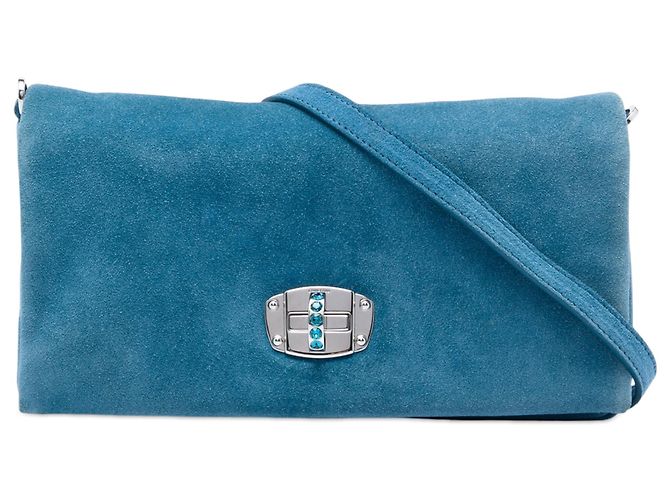 Borsa Satchel Miu Miu in camoscio blu con catena di cristalli - vista 2