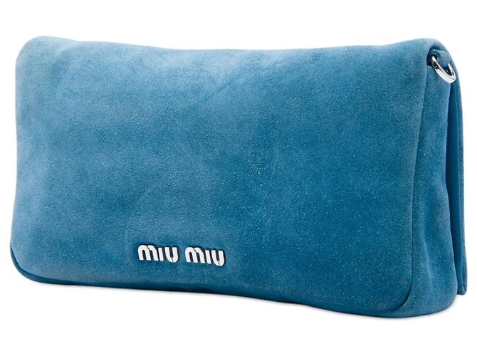 Borsa Satchel Miu Miu in camoscio blu con catena di cristalli - vista 3