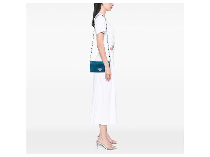 Borsa Satchel Miu Miu in camoscio blu con catena di cristalli - vista 7