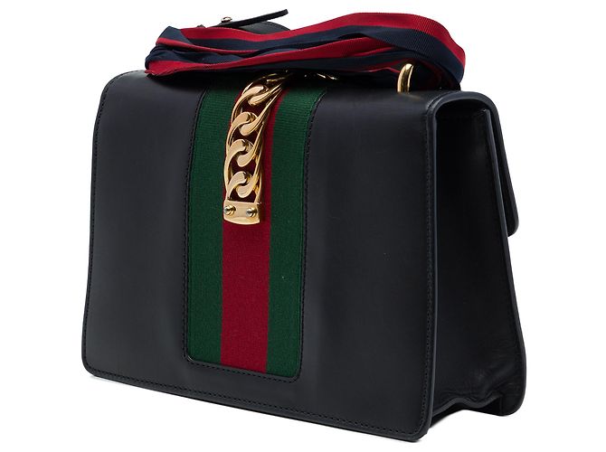 Borsa Satchel Gucci Sylvie Small in pelle di vitello nera con Web Nero - vista 2