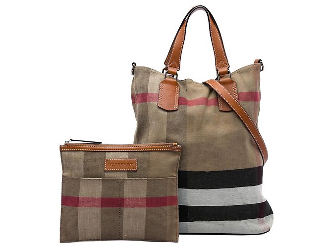 Burberry Brown Medium Mega Check Canvas Tottenham Brit Satchel Marrone Marrone chiaro - vista 6