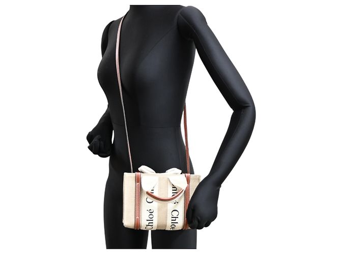 Borsa Tote Chloé Woody Mini Marrone Beige - vista 9