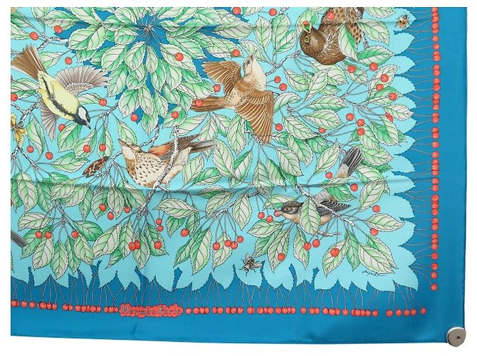 Hermès NEU HERMES TUCH LES MERISES A. DE JACQUELOT CARRE 90 SEIDE BLAU - Ansicht 4