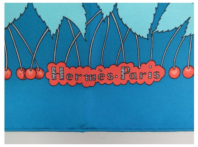 Hermès NEU HERMES TUCH LES MERISES A. DE JACQUELOT CARRE 90 SEIDE BLAU - Ansicht 6