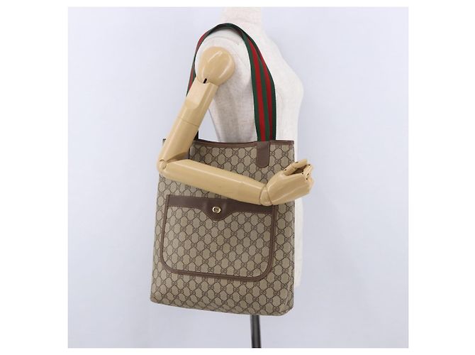 Saco Tote GUCCI GG Supreme Web Sherry Line PVC Bege Dourado 89 02 003 Auth 203010 - vista 21