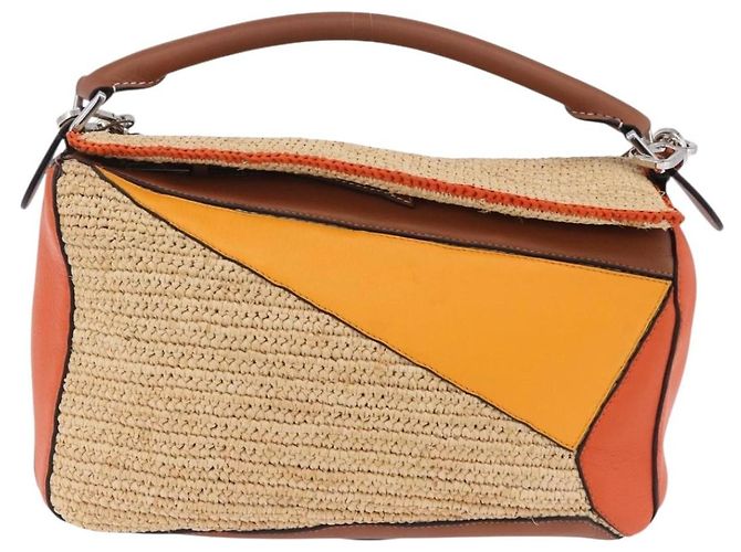 Borsa a mano LOEWE Puzzle Bag in pelle e rafia 2way Beige Silver Auth ka6171M Argento - vista 13