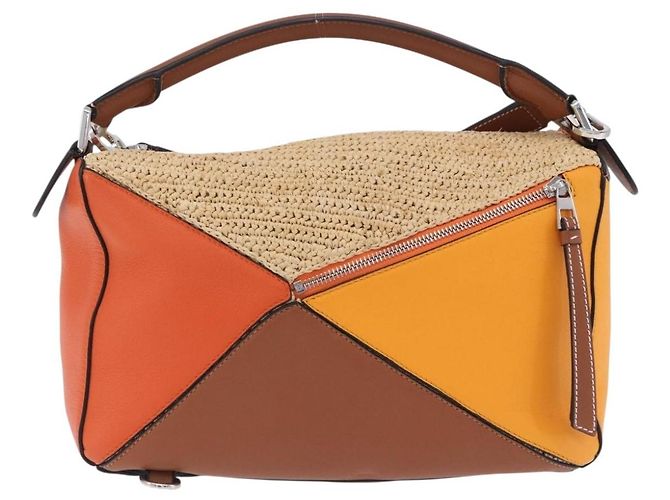 Borsa a mano LOEWE Puzzle Bag in pelle e rafia 2way Beige Silver Auth ka6171M Argento - vista 2