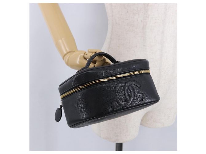 CHANEL Vanity Handtasche Kaviarleder Schwarz Gold CC Auth 203153V Golden - Ansicht 23