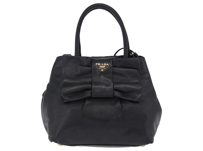 Borsa a mano PRADA Ribbon in pelle nera e oro Auth 202973V Nero D'oro - vista 13