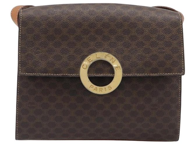 Céline Borsa a tracolla rotonda CELINE Macadam Canvas PVC Pelle Marrone Oro Auth 202958 D'oro - vista 13