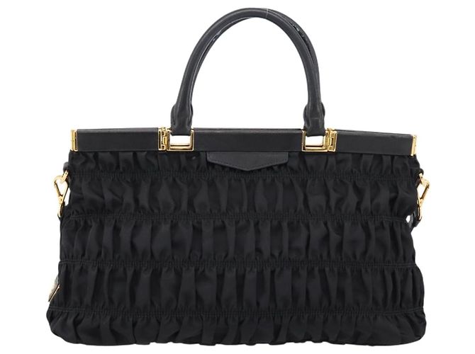 Borsa a mano arricciata PRADA Nylon 2way Nero Oro Auth 202889A D'oro - vista 13
