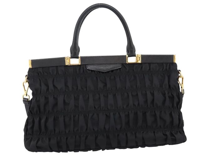Borsa a mano arricciata PRADA Nylon 2way Nero Oro Auth 202889A D'oro - vista 2