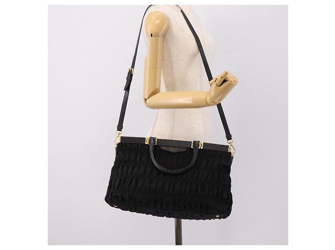 Borsa a mano arricciata PRADA Nylon 2way Nero Oro Auth 202889A D'oro - vista 25