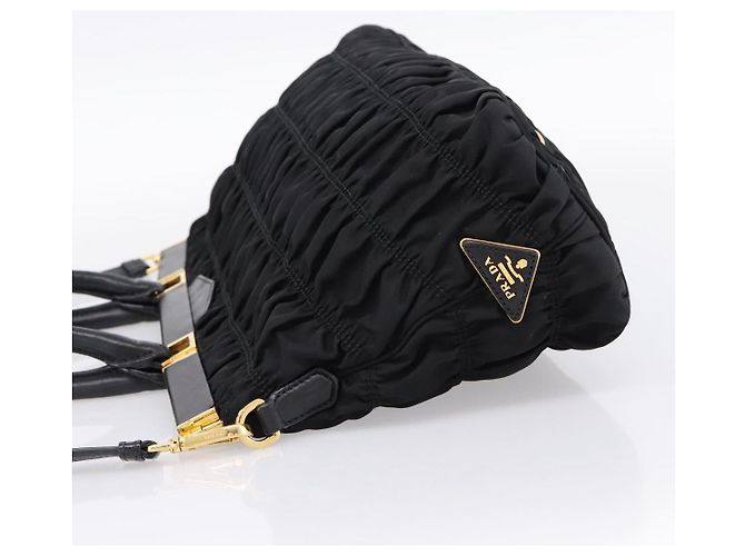 Borsa a mano arricciata PRADA Nylon 2way Nero Oro Auth 202889A D'oro - vista 3