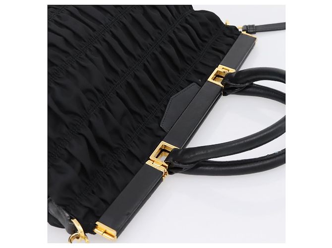 Borsa a mano arricciata PRADA Nylon 2way Nero Oro Auth 202889A D'oro - vista 6