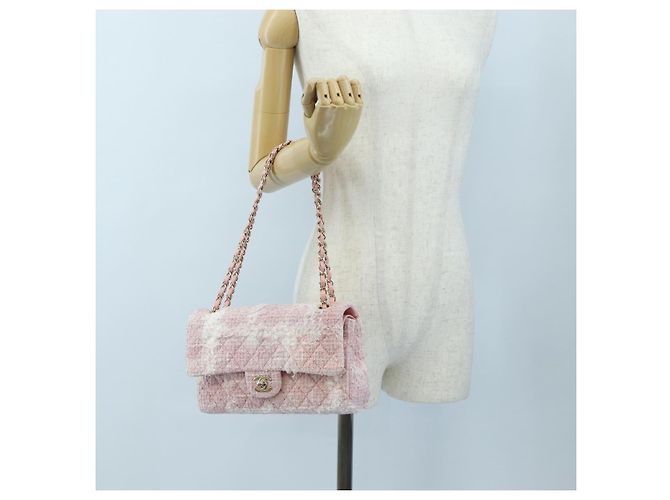 Borsa CHANEL Double Flap Chain Matelasse 25 Tweed Pink Gold CC Auth BA15645SM Rosa D'oro - vista 27
