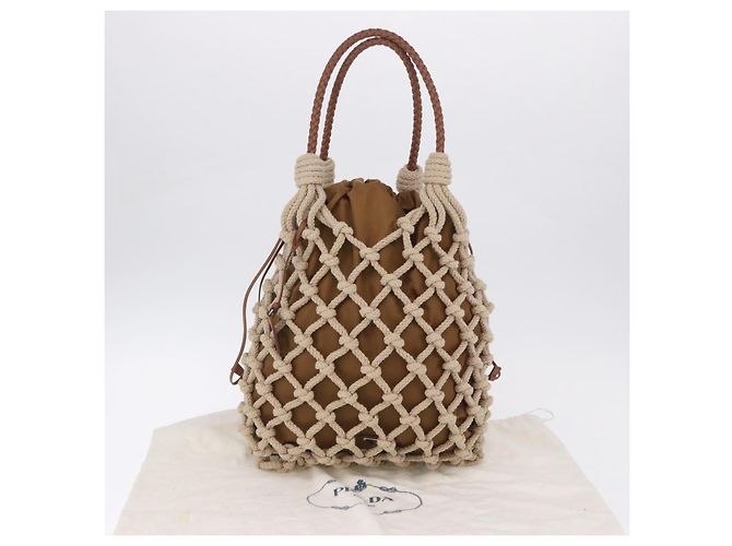 PRADA Tote Bag aus Strickstoffen Beige Silver Auth 202904SAM Silber - Ansicht 12