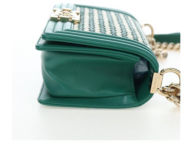 CHANEL Boy Chanel 20 Borsa a tracolla con catena in pelle Verde Oro CC Auth 203249SAM D'oro - vista 4