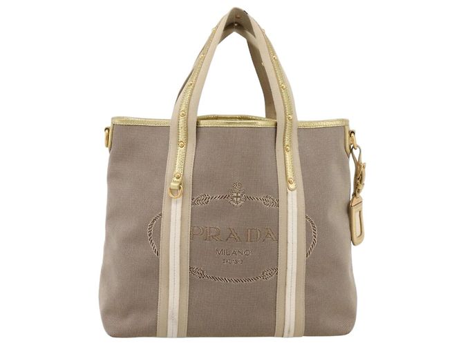 PRADA Handtasche Jacquard Beige Gold Auth 202467 Golden - Ansicht 13