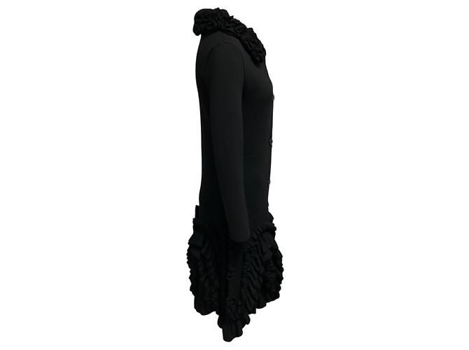 Christian Dior Black Ruffled Button Front Mid Length Wool Coat - view 2
