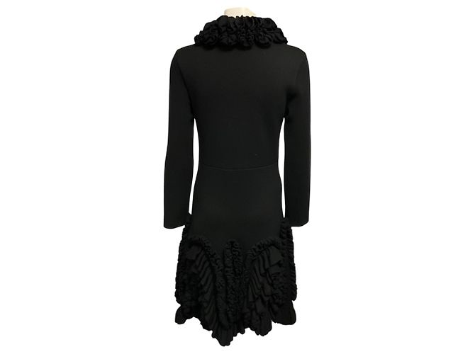 Christian Dior Black Ruffled Button Front Mid Length Wool Coat - view 3
