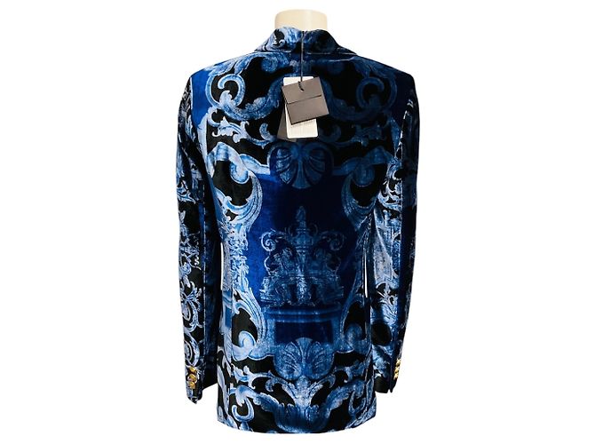 Blazer de terciopelo estampado azul multi Versace con botones Medusa dorados - vista 3