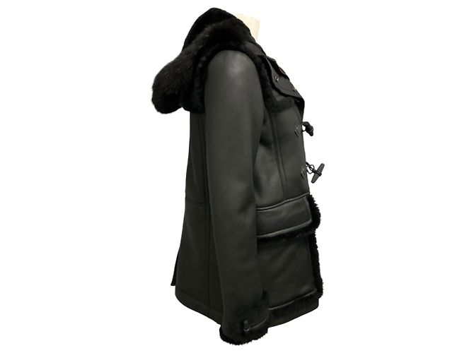 Giacca in pelle Burberry Brit nera foderata in shearling con cappuccio bordato di pelliccia Nero - vista 2