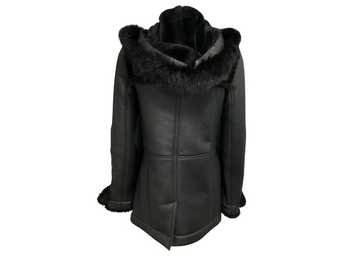 Giacca in pelle Burberry Brit nera foderata in shearling con cappuccio bordato di pelliccia Nero - vista 3