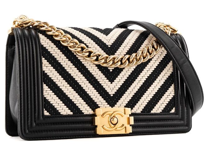 CHANEL - Borsa a tracolla Boy Chanel in tela chevron beige e nera Nero - vista 2