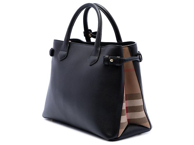 Borsa Satchel Banner Burberry Medium in pelle e House Check nera Nero - vista 2