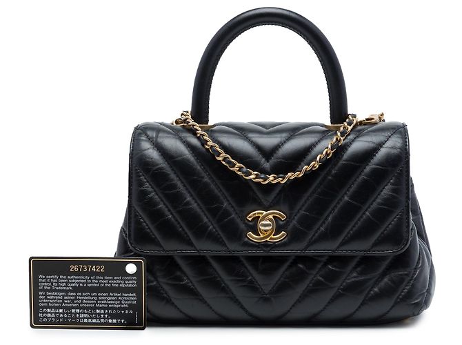 Borsa Chanel Mini Chevron in vitello invecchiato nero con manico Coco - vista 7