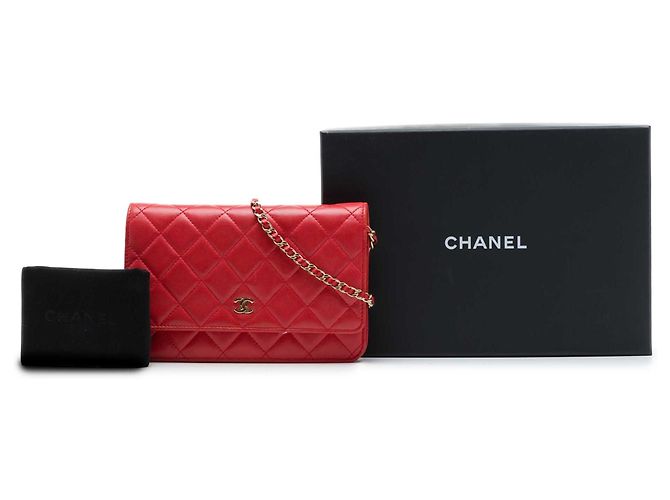 Borsa a tracolla Chanel CC in pelle d'agnello matelassé rossa Wallet on Chain Rosso - vista 7