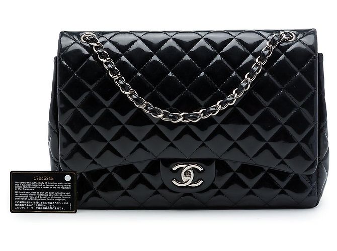 Borsa a tracolla Chanel Maxi Classic Double Flap in vernice nera Nero - vista 7