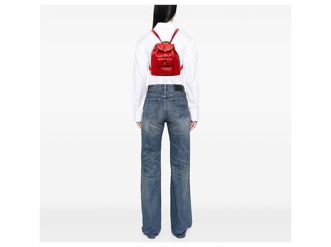 Red Gucci Calfskin Bamboo Drawstring Backpack - view 7