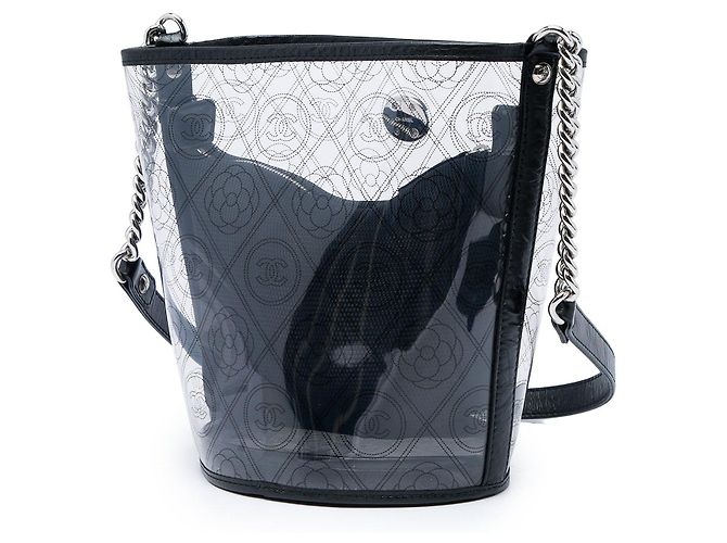 Borsa a secchiello Chanel Coco Camellia Medium in PVC nero e vitello stropicciato - vista 2