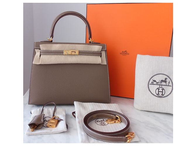 Hermès Kelly Sellier 25 Étoupe Beige Grigio - vista 2