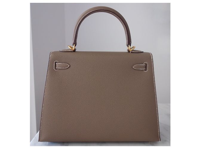 Hermès Kelly Sellier 25 Étoupe Beige Grigio - vista 3