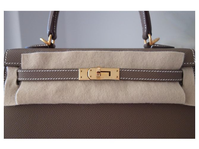 Hermès Kelly Sellier 25 Étoupe Beige Grigio - vista 4