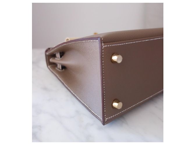 Hermès Kelly Sellier 25 Étoupe Beige Grigio - vista 8